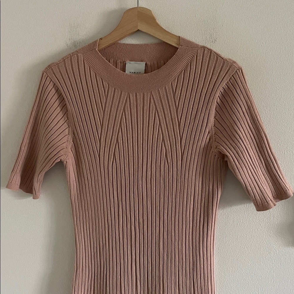 Varley Maeve Ribbed Knit Midi Dress Women’s XL Warm Taupe Neutral Short Sleeve - Picture 7 of 13
